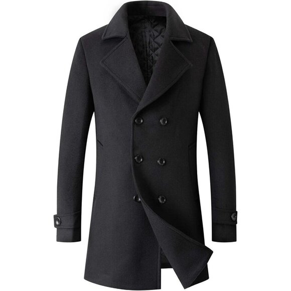 Men's Grey Winter Coat Wool Casual Double Breasted Long Pea Topcoat - Picture 1 of 3